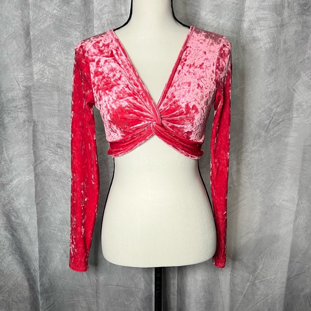 J & G Crushed Velvet Cropped Wrap Pink Long Sleeve Top - SMALL